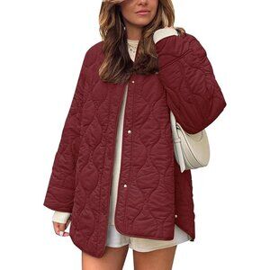 Women's Clothes Jacket Puffer Wine Red Zip Pocket Button Down Padded Outerwear